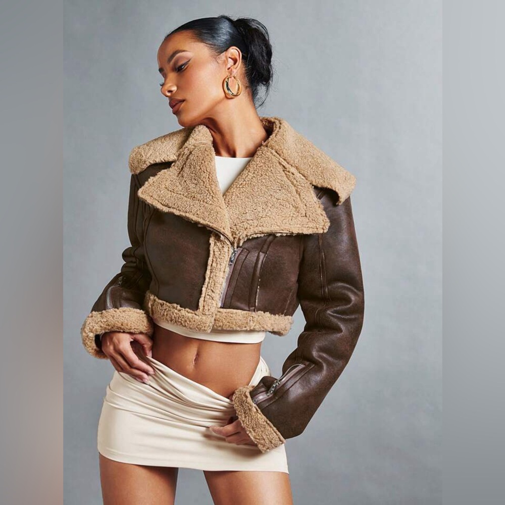SHEIN X Carly Lawrence Khaki Fluffy Faux Shearling Jacket Brown - US 4/S